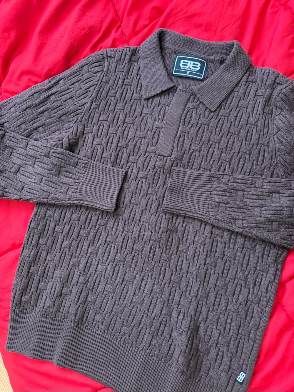 Textured Knit Polo Sweater in Dark Brown